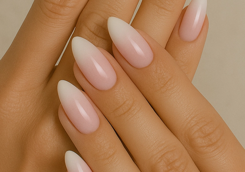 Elegant baby boomer nails with almond shape.
