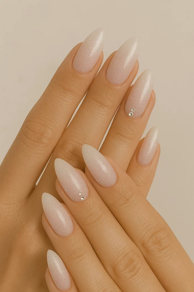 Decorated baby boomer nails with glitter and crystals.