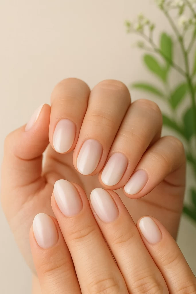 Milky glass baby boomer nails in short oval shape.