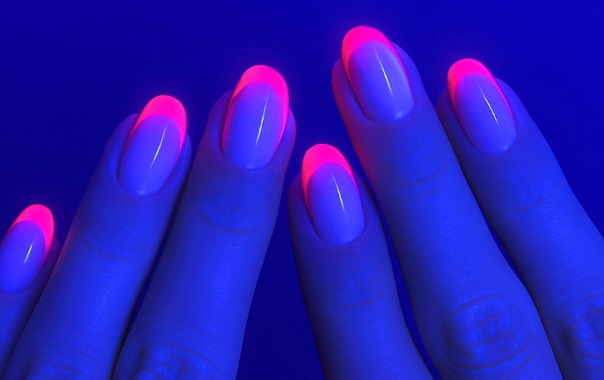 Neon French tip with gel polish under UV light, Gel Lac Neon Glowing design