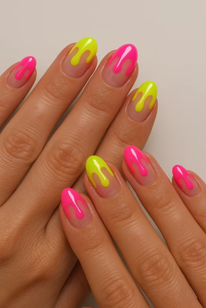 Drip art nails in neon shades with jelly finish, Gel Lac Neon Glow manicure