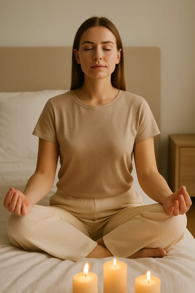 restful sleep – woman meditating in bedroom