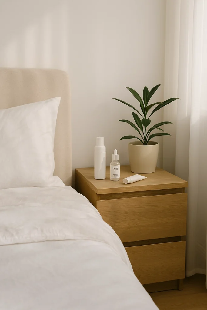 skincare while sleeping – bedroom with beauty products