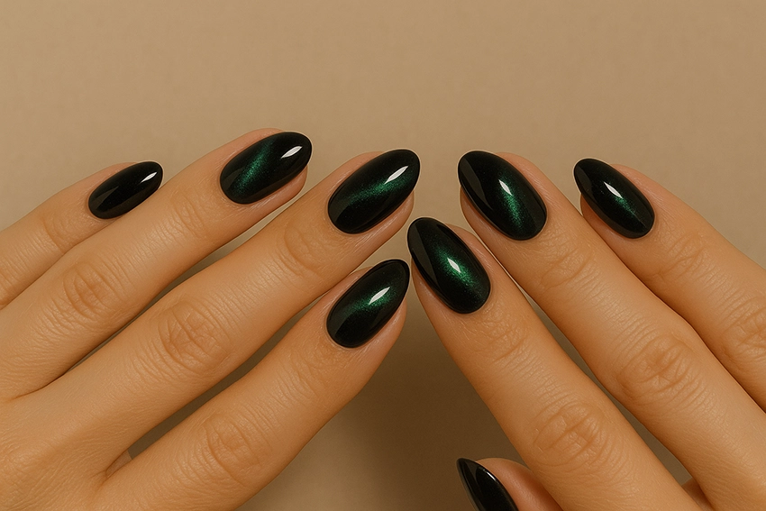 Cat Eye gel polish on black base with emerald shine