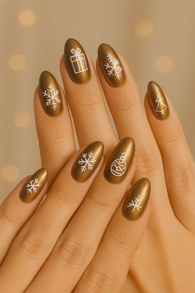 Gold–bronze Cat Eye nails with festive decoration