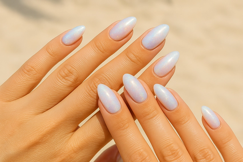 Opal-effect shiny summer nails in almond shape