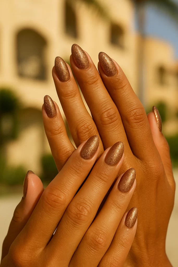 Bronze and gold glitter nails on tanned hands