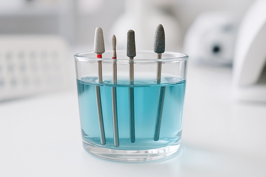Nail drill bits soaking in disinfectant solution