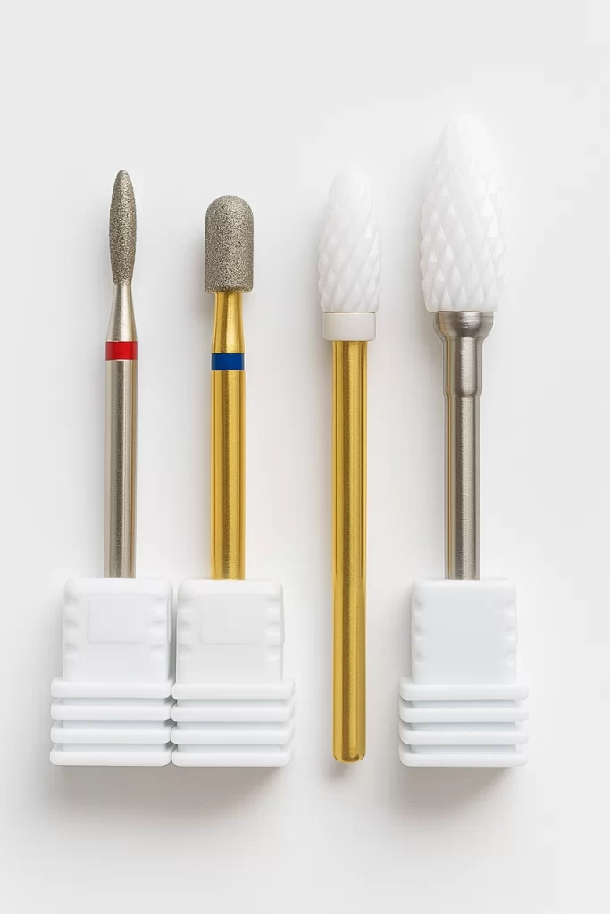 Nail technician cleaning a drill bit with a soft brush