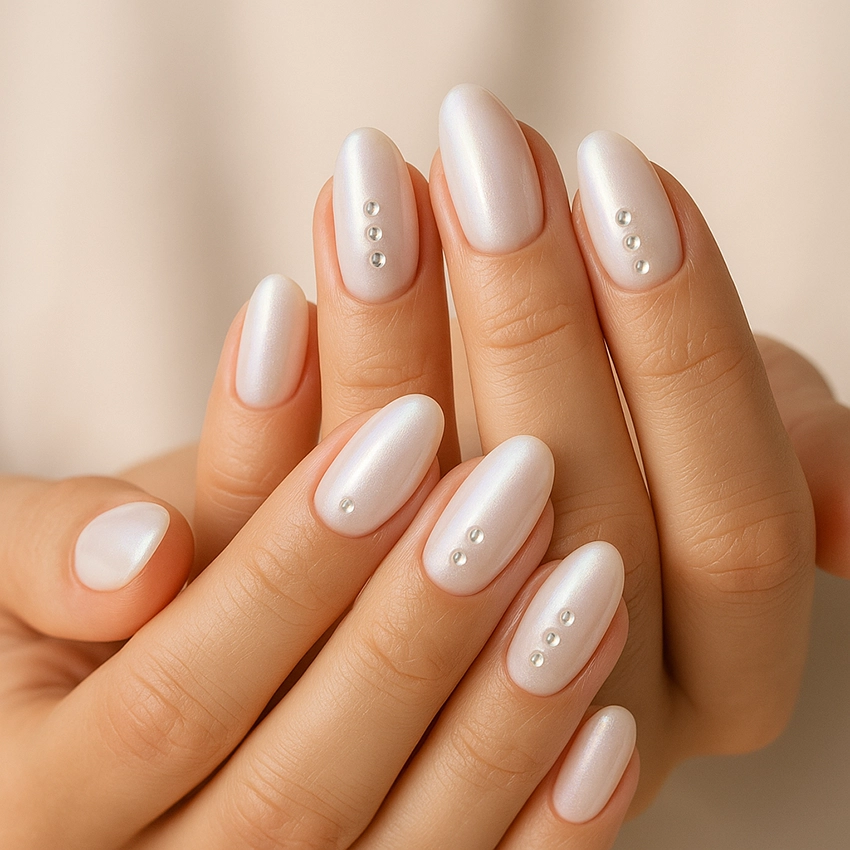 gyongyhaz-4 pearl effect nails – festive with rhinestones