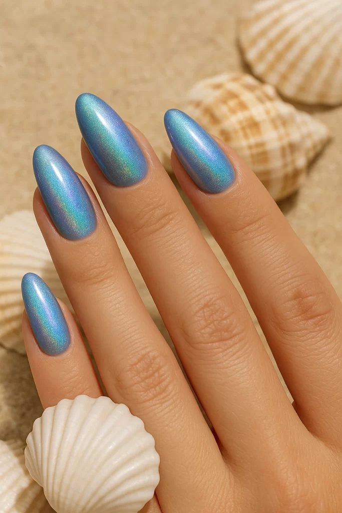 Mermaid effect nails with holographic sparkle