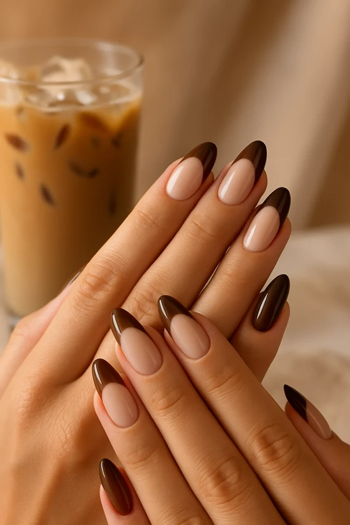 Iced coffee style French manicure with brown tips