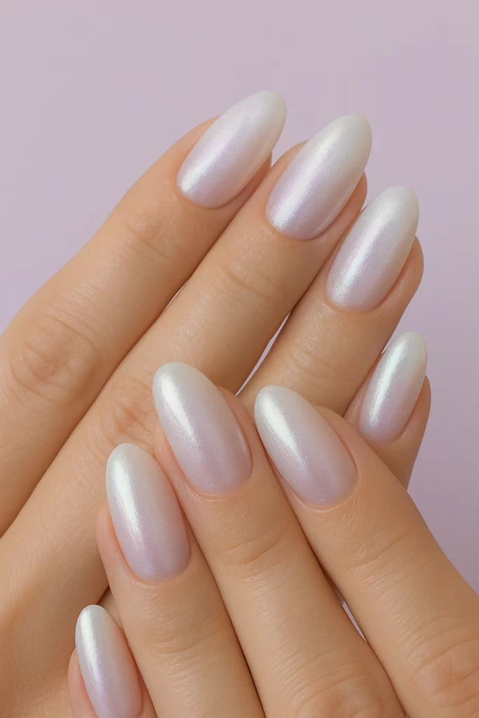 Soft French ombre nails, oval shape, glossy finish