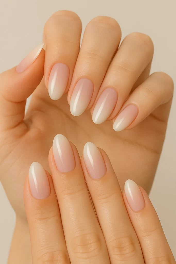 Natural nude and white ombre nails in "clean girl" style