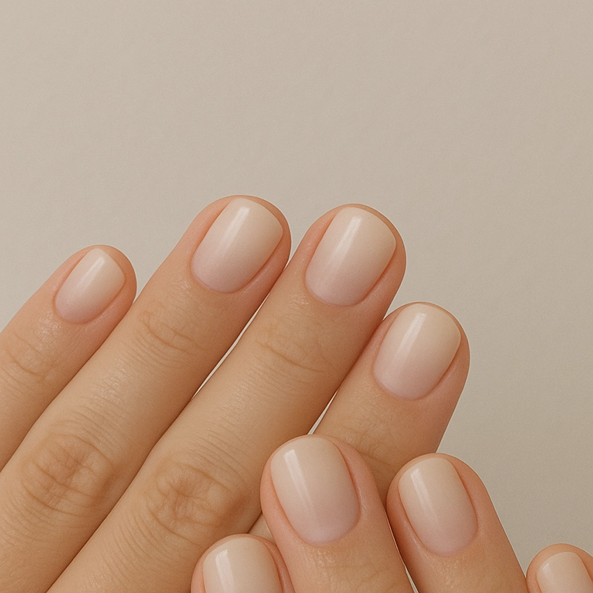 Baby Boomer manicure on almond nails with milky white and pink gradient