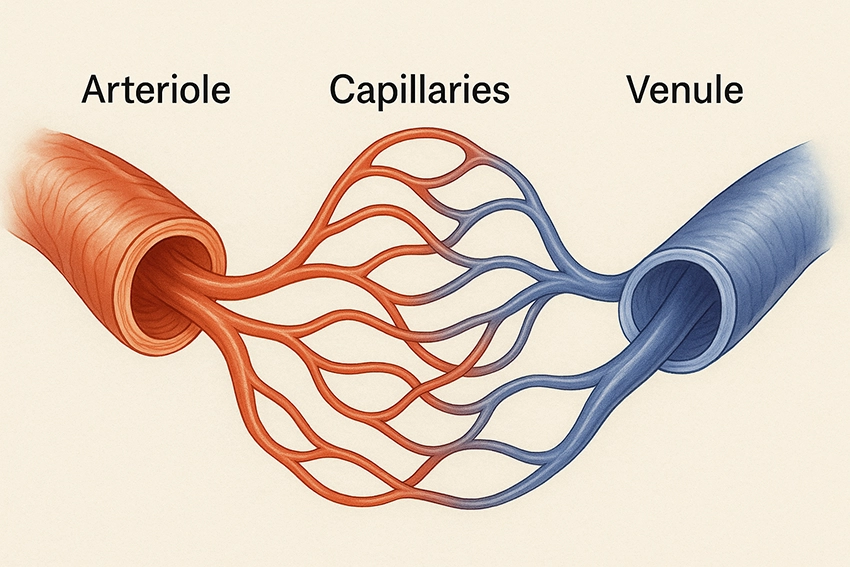 Diagram of microcirculation with capillary network