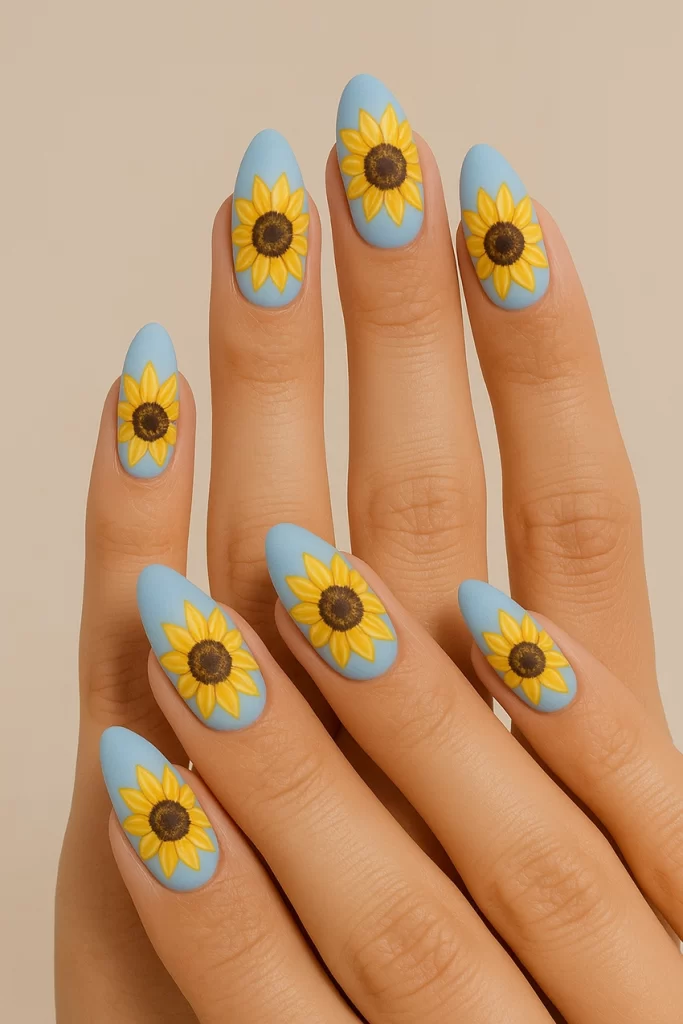 Sunflower nail design on a pastel blue base