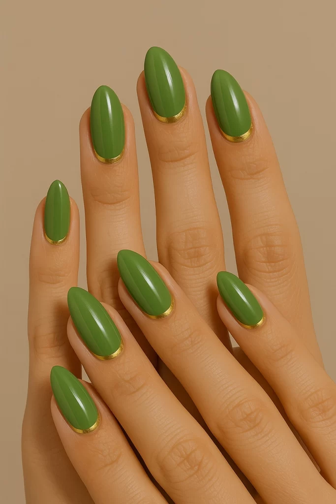 Almond-shaped nails in peridot green and gold combination