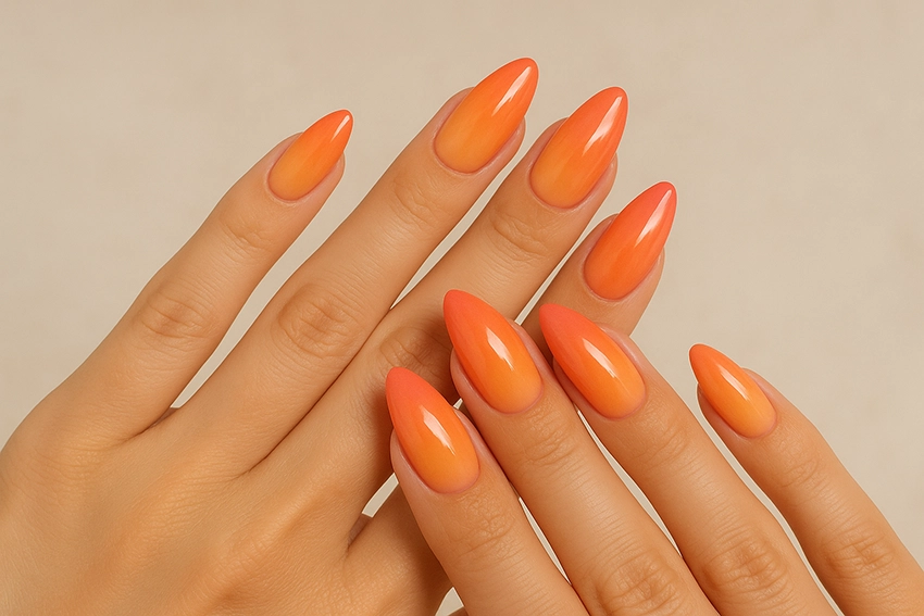 Almond-shaped nails with sunset ombré shades