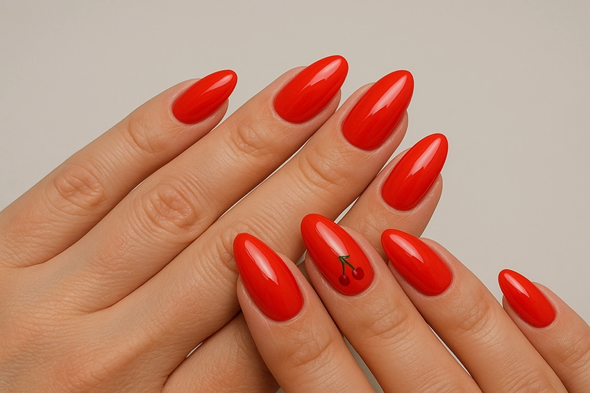 Vibrant summer red gel polish with cherry design