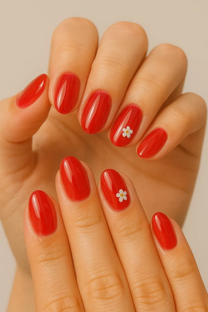 nyari-piros-korom-3 Glossy cherry red jelly finish with flower decoration