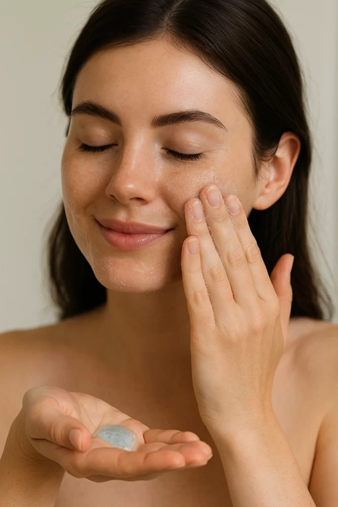 Foaming cleanser held in hand in a bathroom setting