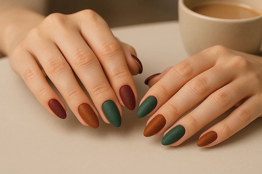 fall nail trends – two hands with almond nails in burgundy, emerald, and bronze velvet finish