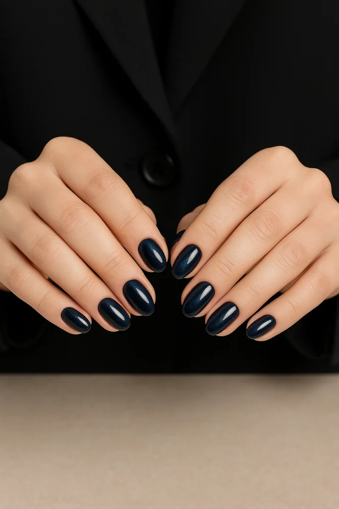 oszi-koromtrendek-2 fall nail trends – short oval nails with dark blue cat-eye effect, chic autumn look