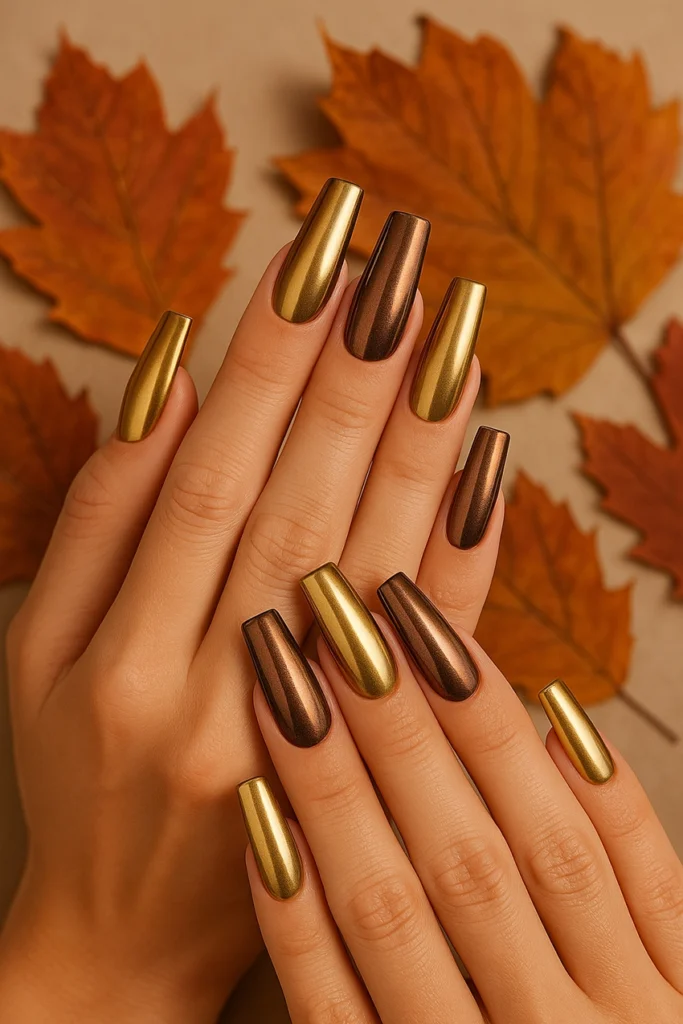 oszi-koromtrendek-3 fall nail trends – long coffin nails in gold and bronze chrome, autumn leaves background