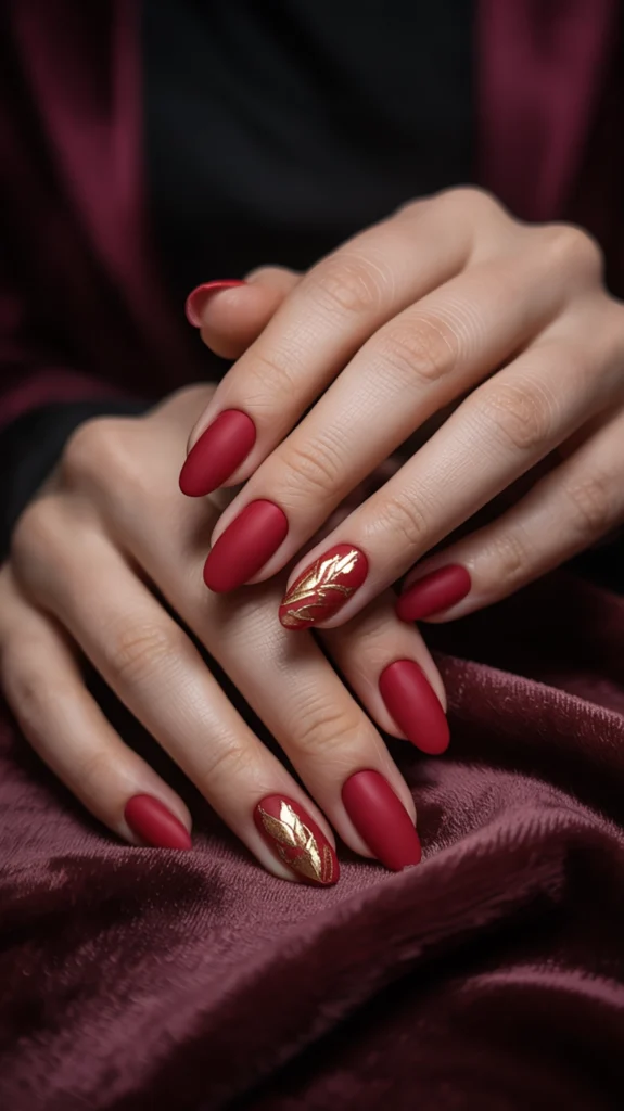 matte red nails with gold design