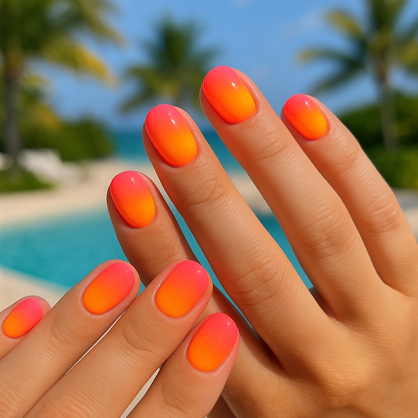 Neon short summer nails with pink–orange ombré