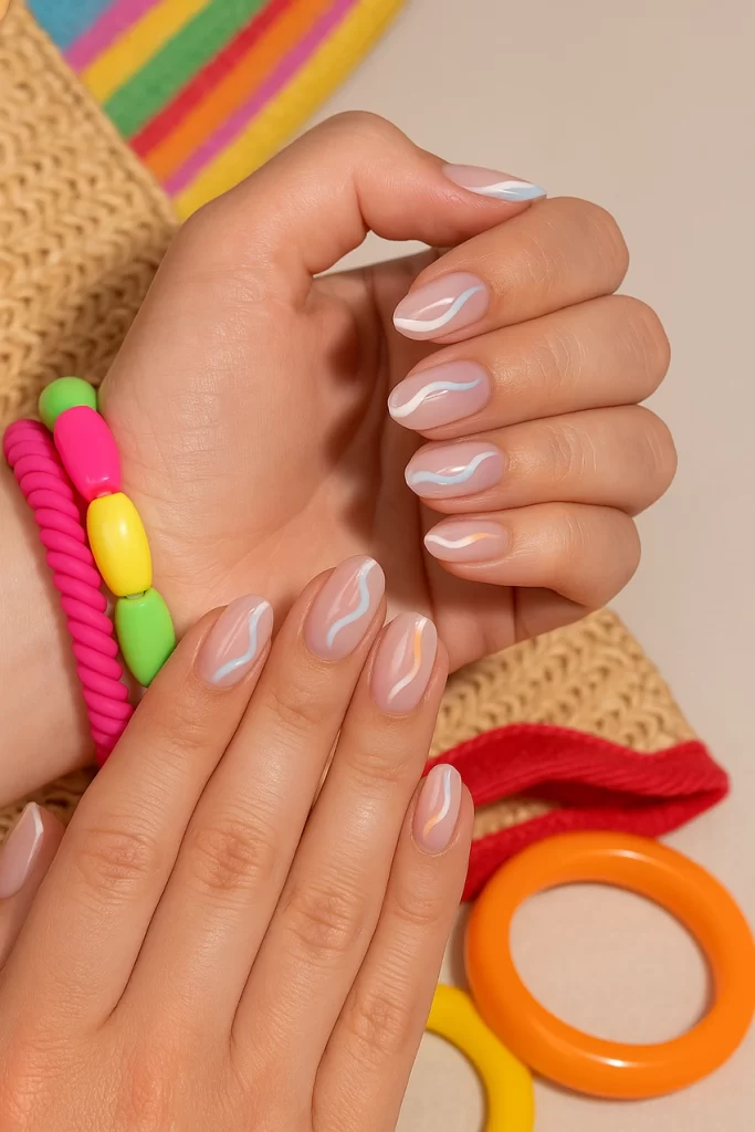 Sheer jelly short nails with wavy line design