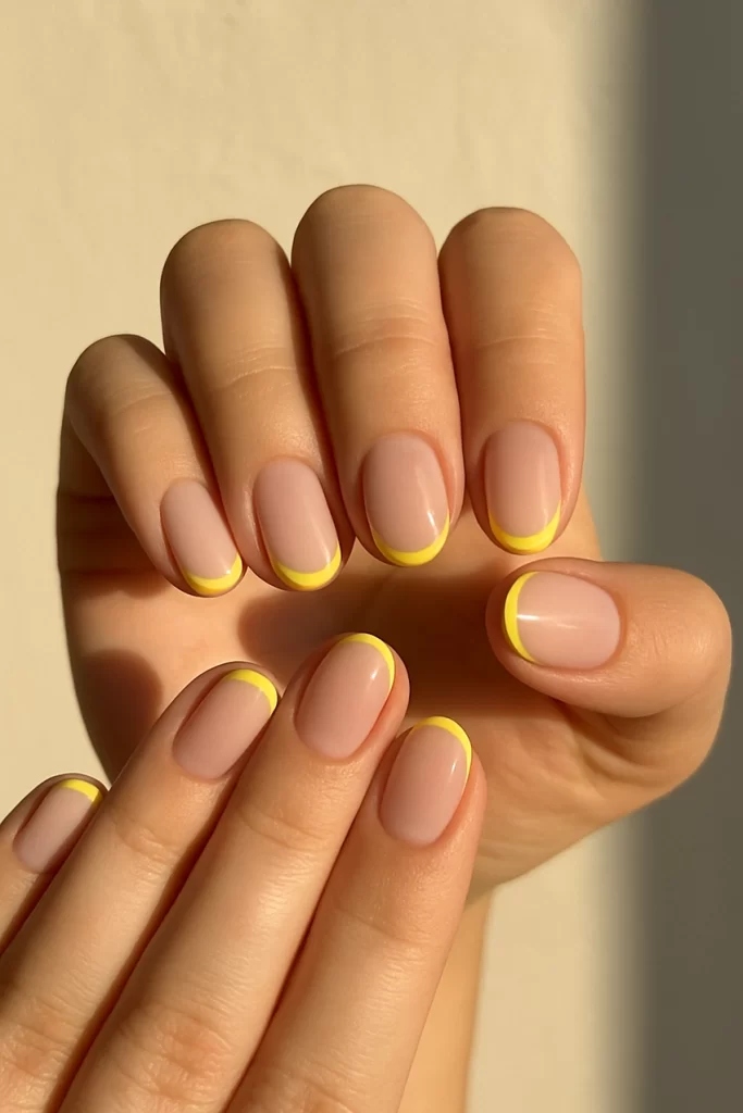 Minimalist French manicure on short nails with neon tips
