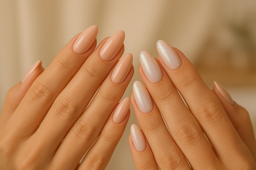 Nude stylish nails in almond shape