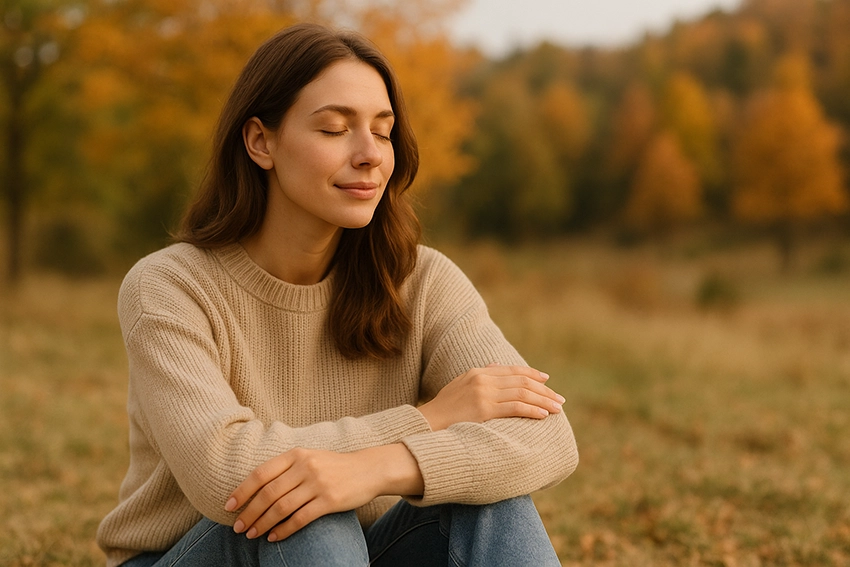 stress management – calm woman in nature, inner peace