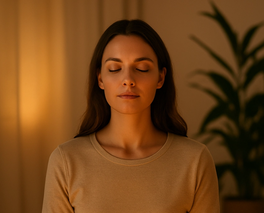 connection between stress and beauty – woman meditating with calm expression