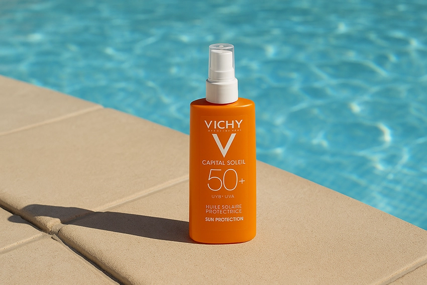 Vichy Sun Oil bottle by the poolside