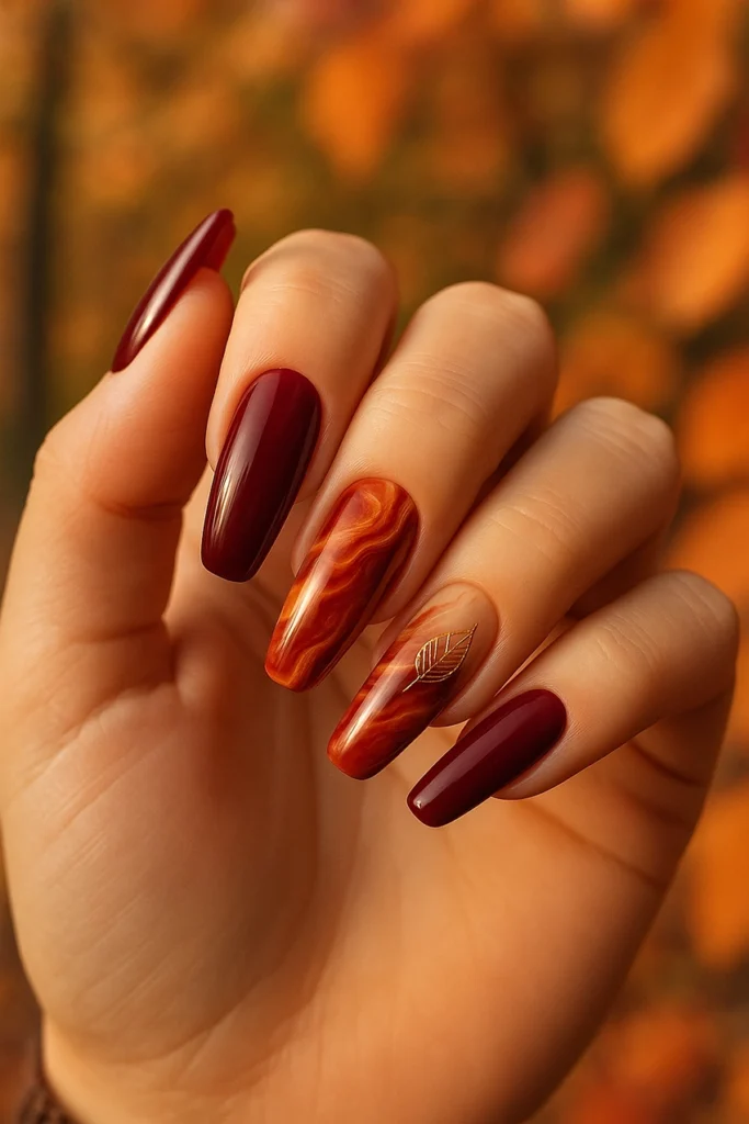 Autumn nail art with red-orange gradient