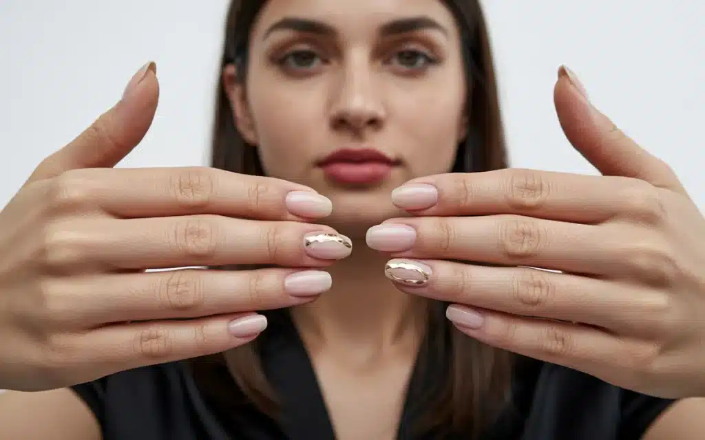 Acrylgel almond shaped nude nail enhancement with strong structure