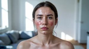 ensitive reddening facial skin in natural light, without makeup