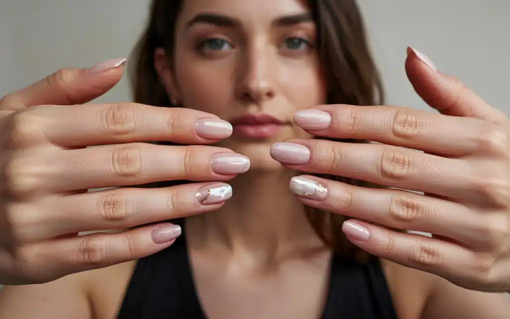 nail breakage under gel polish – reinforced almond shaped nude manicure