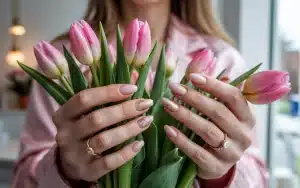 nail ideas for Mother's Day with elegant pastel pink manicure and spring tulips.