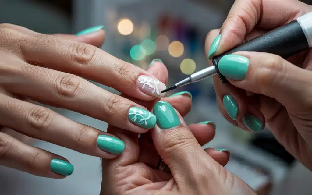 nail ideas applying quick floral water decal on a mint green gel polish base.