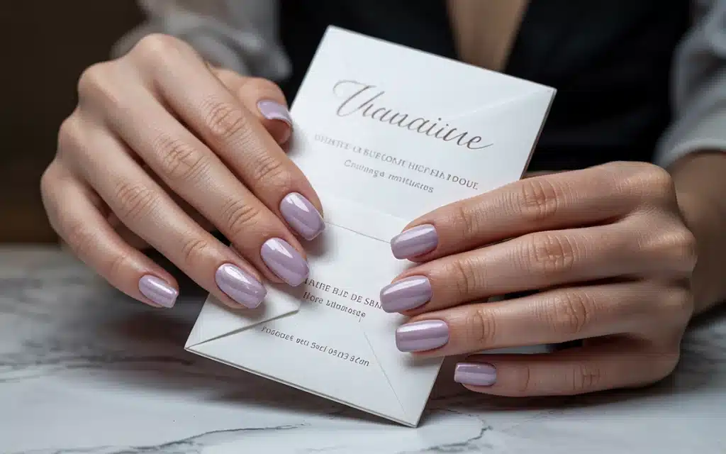 nail ideas festive lavender-colored shiny manicure for holiday preparations.