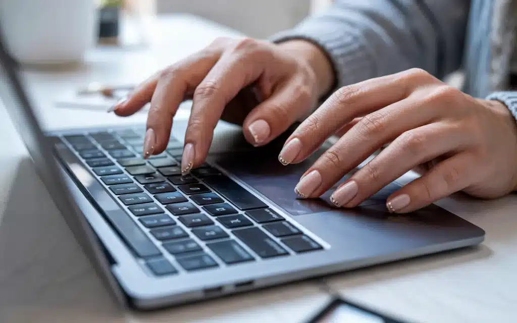 nail ideas modern matte peach-colored nails in an office environment for the holiday.