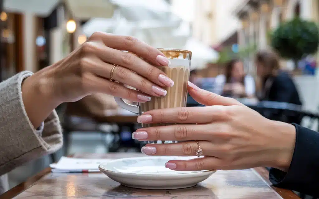 Nail salon near me pastel pink gel polish café lifestyle setting