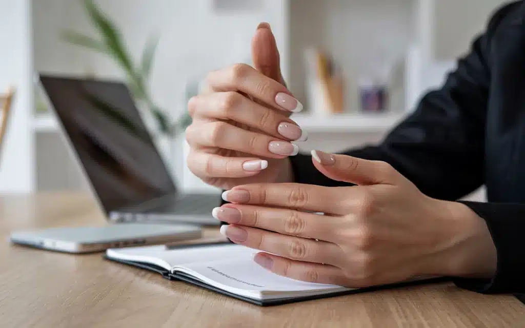 Nail salon near me nude ombre almond nails in elegant office setting