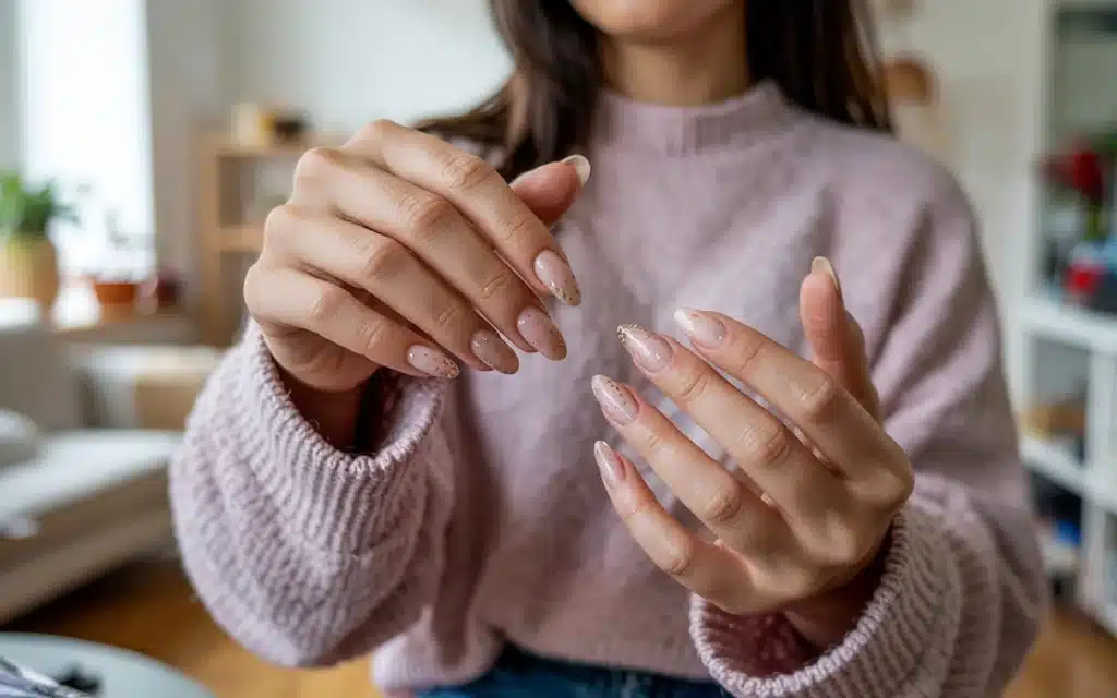 Nail salon near me nude glitter ombre almond nails cozy home lifestyle setting