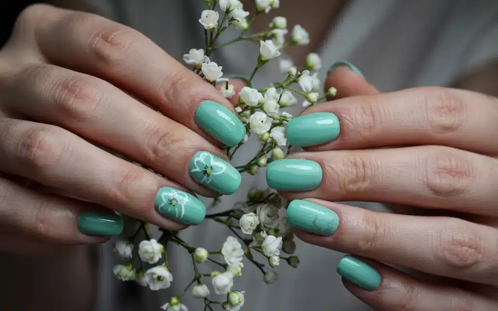 pastel shade fresh mint manicure with tiny white spring flower decoration.
