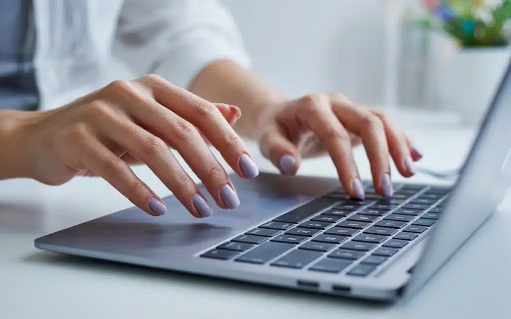 pastel shade soft lavender matte gel polish in a modern office environment.